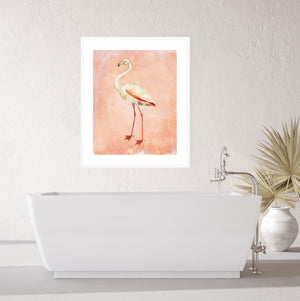 Pink flamingo art print in a bathroom.