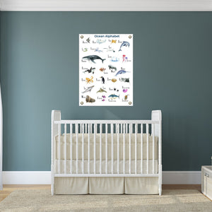 Baby nursery with an ocean alphabet poster over the crib