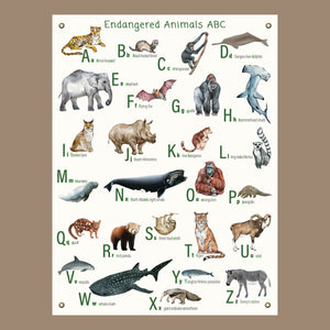 Canvas endangered animals alphabet poster with brass grommets for hanging. 