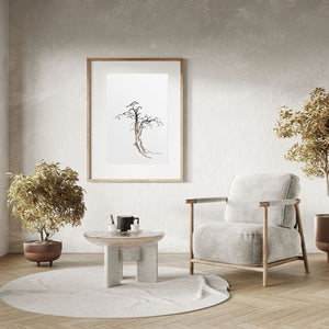 Japanese tree print in a Japandi style minimalist living room 