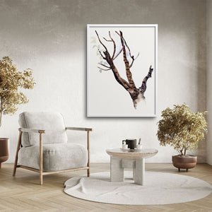 Large framed tree art print in a Japandi living room.