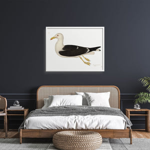 Large gull art print by Olof Rudbeck over a bed on a dark wall. 
