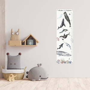 Whale and dolphin growth chart in a kid's room.