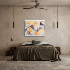 abstract fish watercolor painting over a bed