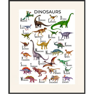 Dinosaur alphabet poster in a black frame.