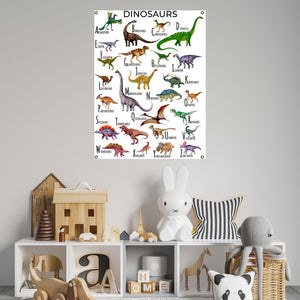 Dinosaur alphabet poster in a child's room.