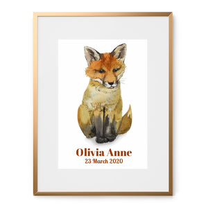Personalized birth information on baby fox fine art print.