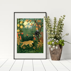 Amazon jungle print with leopard. Archival paper and inks, in frame mockup next to a plant