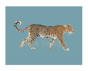 Leopard art print with an aqua background. 