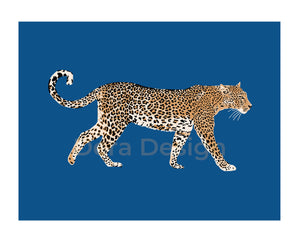 Leopard art print on blue.
