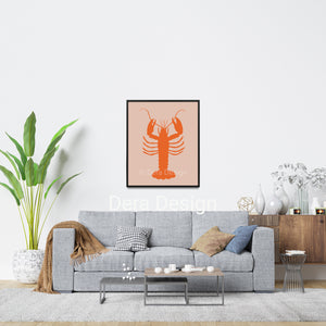 Black framed lobster art print in a living room.