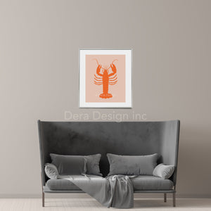 Lobster art print over a sofa in a minimalist living room. 