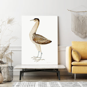 Oversized Rudbeck Bittern bird print in a modern living room.