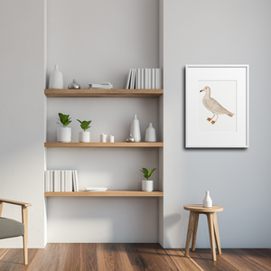 Olof Rudbeck Gull print in Japandi style living room next to shelf