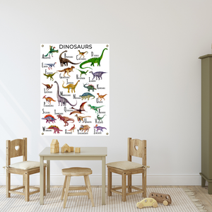 Dinosaur alphabet poster in a child's playroom.