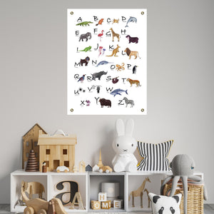 Animal alphabet giclée poster, 18 x 24 or 24 x 32 inches. Heavy fine art archival paper or fine art exhibition canvas, and eco-friendly pigment inks. The canvas option includes brass grommets installed in all four corners.