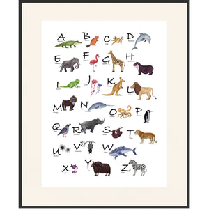 Animal alphabet giclée poster, 18 x 24 or 24 x 32 inches. Heavy fine art archival paper or fine art exhibition canvas, and eco-friendly pigment inks.