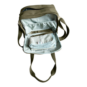 GOTS-Certified Organic Canvas Diaper Bag in Olive with Accessories from top 2