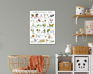Gardening ABC poster on fine art paper in a baby's room.