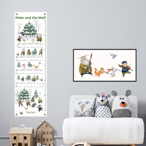 Canvas musical growth chart with brass grommets in a child's playroom.